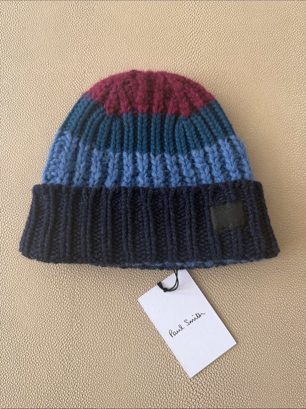 Paul Smith Wool Striped Ribbed Beanie in Burgundy, Teal, Light Blue, Navy